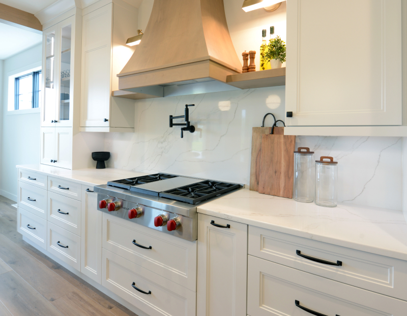 Cabinet hardware installed in a bright kitchen